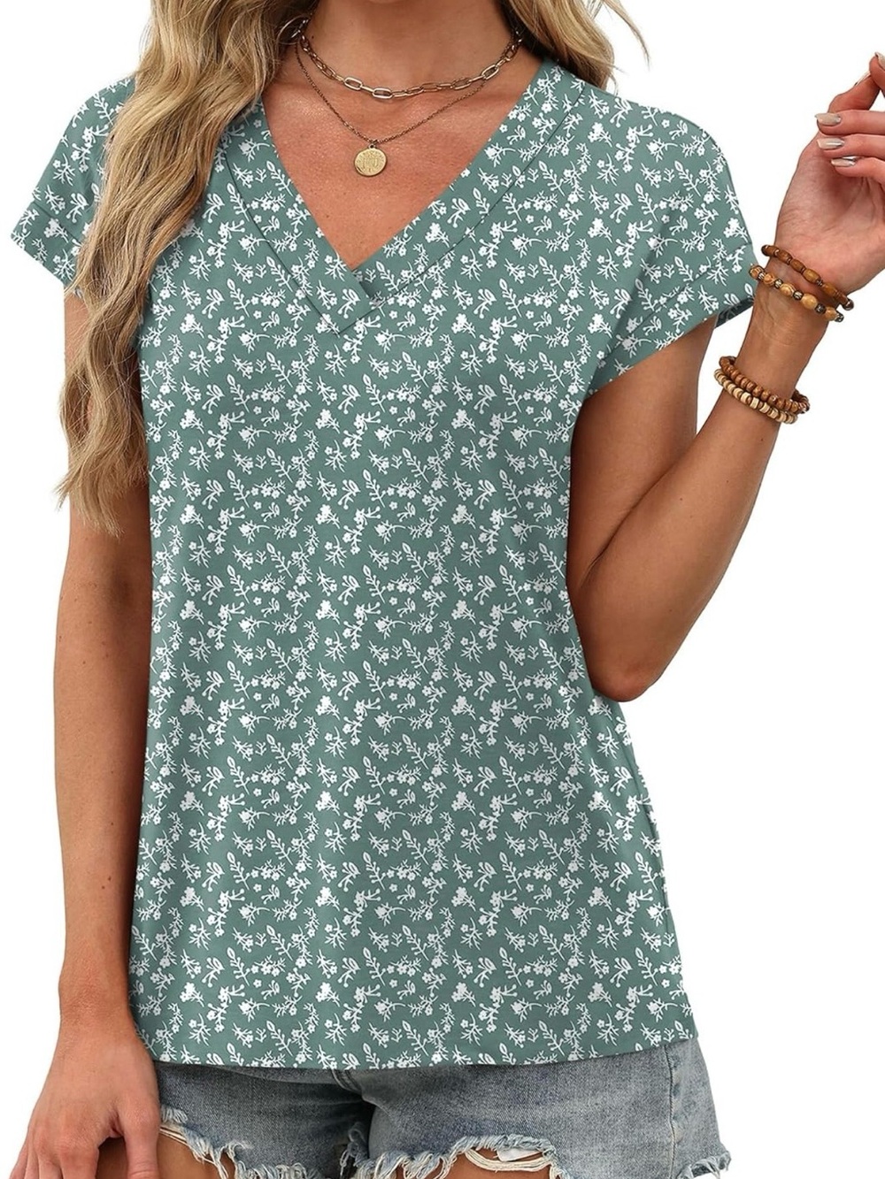 Women's Green Floral Print V-Neck Tee - Picture 2 of 5